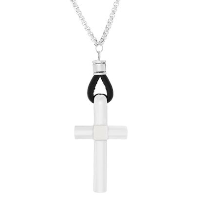 Imagen de Steve Madden 26" Polished Stainless Steel Squared Rolo Chain Black Leather Accent Cross Pendant Necklace for Men