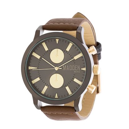 Picture of Steve Madden Black IP Plated Alloy Case Multifunction Brown & Gold Dial Brown Leather Strap Watch