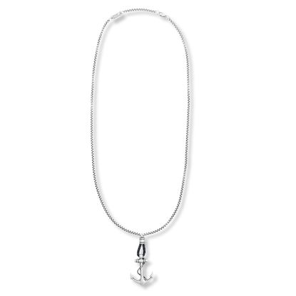 Imagen de Steve Madden Silver-Tone Stainless Steel Men's Oxidized Anchor Charm Black Leather Cord Box Chain Necklace