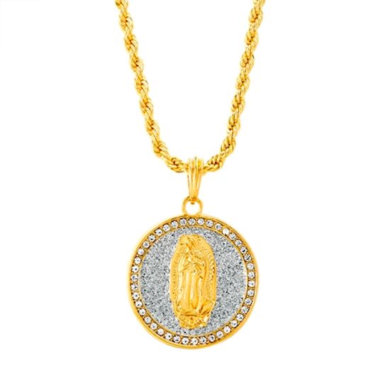 Imagen de Gold-Tone Crystal Virgin Mary Round Pendant Rope Chain Necklace
