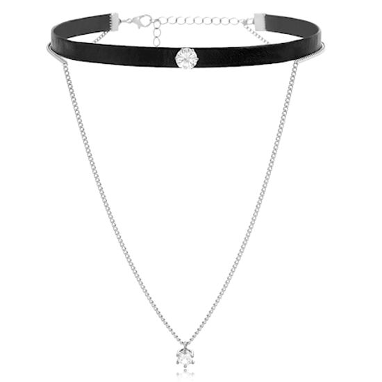 Imagen de Silver-Tone Double Layered Crystal Cable Chain/Black Leather Choker