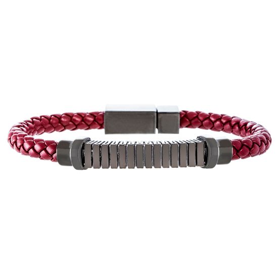 Picture of Ike Behar Black Tone Stainless Steel Ribbed Bar Red Leather Braided Bracelet