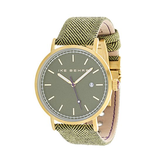 Picture of Ike Behar Men's Gold Plated Case Date Function Dial Black & Green Tweed Design Leather Band Watch