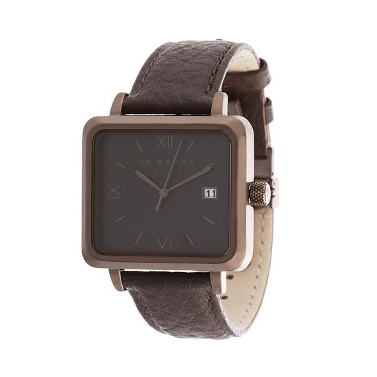 Imagen de Ike Behar Brown IP Square Stainless Steel Case Date Function Roman Numeral Dial Brown Leather Band Watch