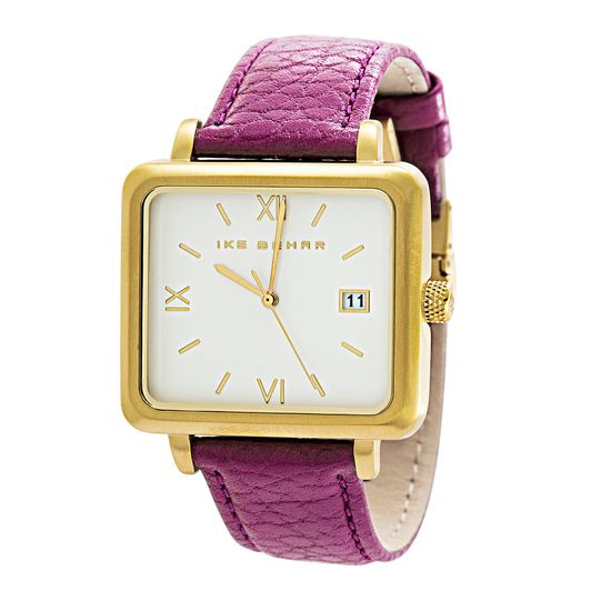 Imagen de Ike Behar Gold Plated Square Stainless Steel Case Date Function Roman Numeral Dial Purple Leather Band Watch