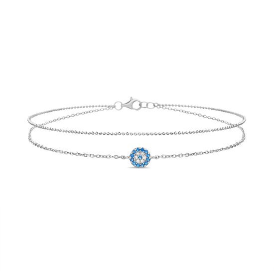 Picture of Sterling Silver Clear and Blue Cubic Zirconia Evil Eye Charm Beaded Anklet