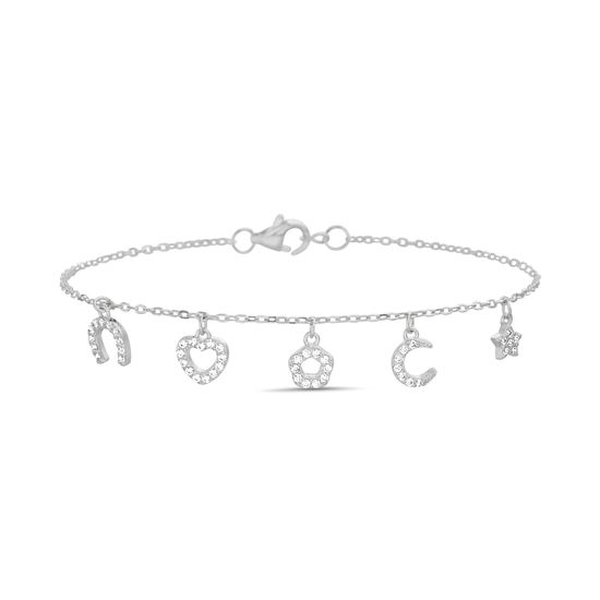 Picture of Sterling Silver CZ Crescent/Star/ Heart/ Horseshoe/Flower Charms Cable Chain Bracelet