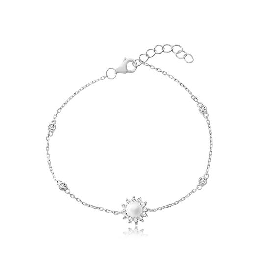 Picture of Sterling Silver Freshwater Pearl Cubic Zirconia Flower Design Bezel Stations Cable Chain Bracelet