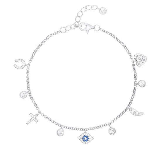 Picture of Blue/Clear Cubic Zirconia Multi Charm Bracelet in Gold over Sterling Silver