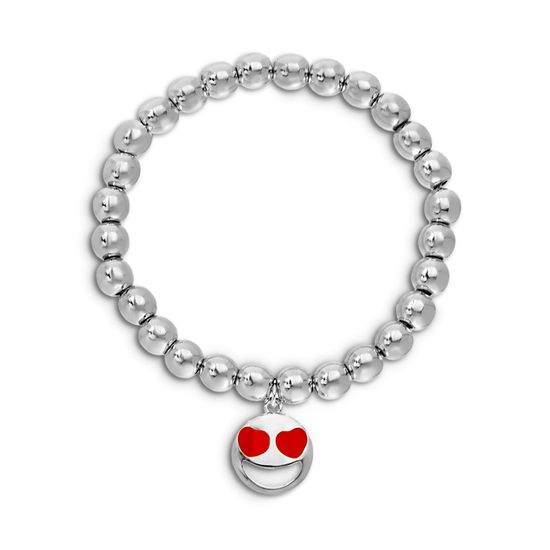 Picture of BRASS RHODIUM RED ENAMEL HEART FACE SMILY CHARM ON STRETCH BRACELET