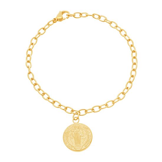Picture of Gold-Tone Stainless Steel Cable Chain with Religious Circle Charm Bracelet