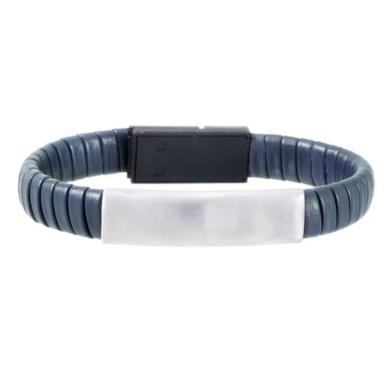 Picture of Silver-Tone Stainless Steel Men's ID Bar 7 Navy Blue Wrap Around Leather Hidden IOS USB Charger Bracelet
