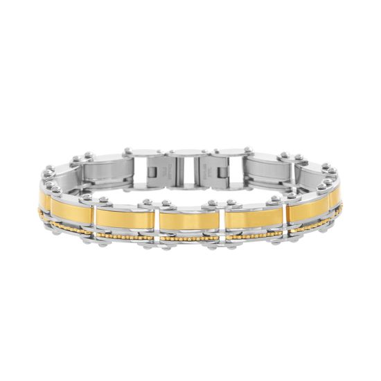 Imagen de Two-Tone Stainless Steel Striped & Ridged Square Link Men's Bracelet
