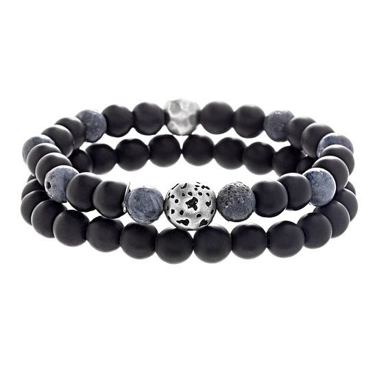 Picture of Men's Onyx Stone & Hammered Ball Beaded Stretch Bracelet Duo Set in Oxidized Stainless Steel