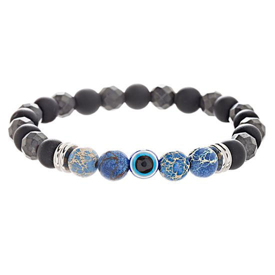Imagen de Men's Onyx & Blue Stone Beads Evil Eye Bracelet in Gray IP Stainless Steel