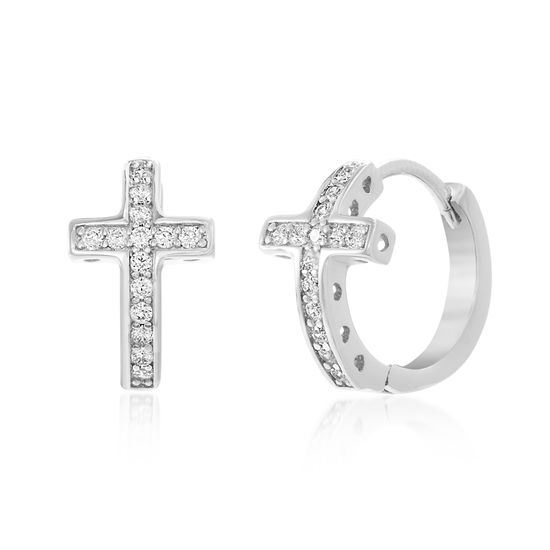 Picture of Cubic Zirconia Curved Cross Hoop Earrings in Rhodium over Brass
