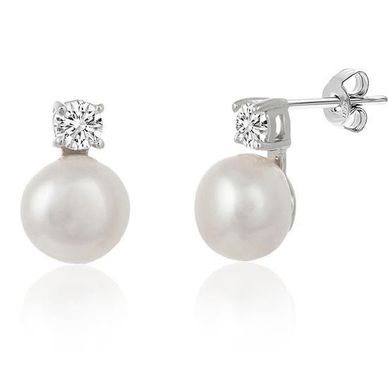 Picture of Sterling Silver Cubic Zirconia Stud Freshwater Pearl Post Earring
