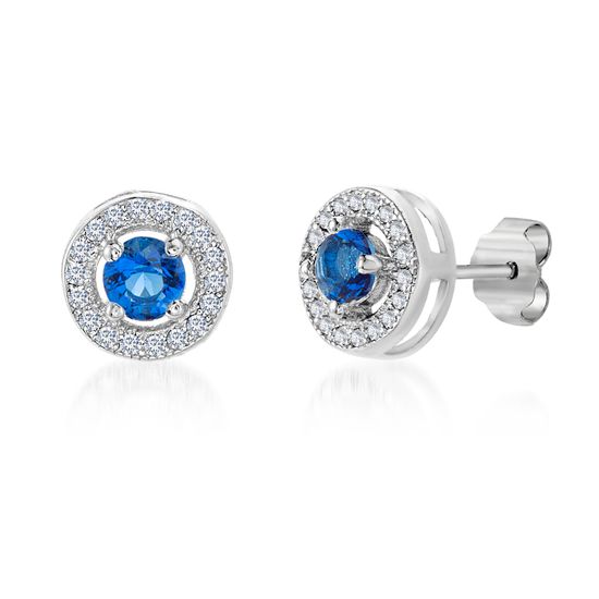 Picture of Simulated Blue Sapphire and Cubic Zirconia Round Circle Halo Stud Earrings in Rhodium over Sterling Silver