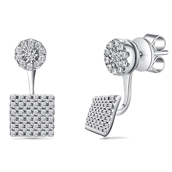 Picture of Silver-Tone Brass Pave Cubic Zirconia Circle/Square Front to Back Post Earring