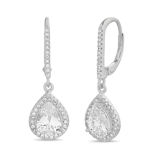 Picture of Pear Shaped Cubic Zirconia Teardrop Dangle Leverback Bridal Earrings in Rhodium over Sterling Silver