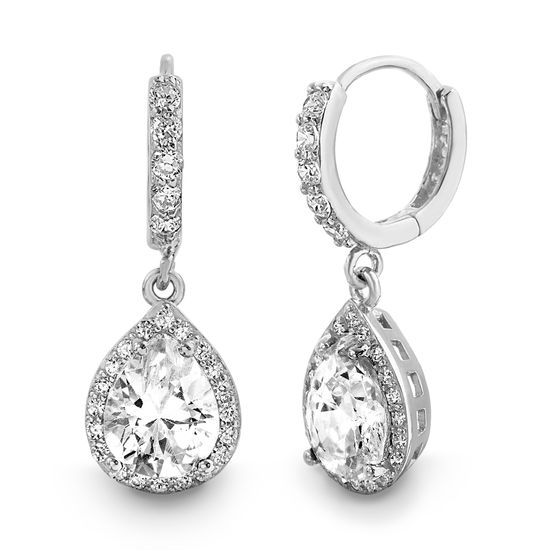 Picture of Sterling Silver Cubic Zirconia Dangling 4Prong Teardrop Halo Earring