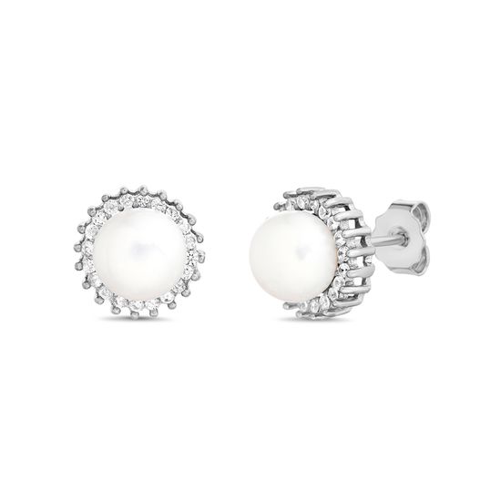 Picture of Sterling Silver Cubic Zirconia Halo Freshwater Pearl 11mm Post Earring