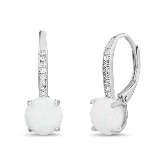 Imagen de Sterling Silver White Opal Pronged & Clear Cubic Zirconia Lever back Earring
