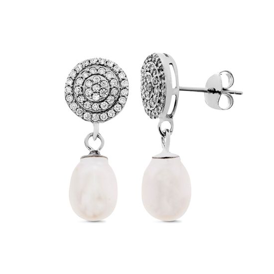 Picture of Sterling Silver Cubic Zirconia Disc with Dangling Freshwater Pearl 23mm Post Earring