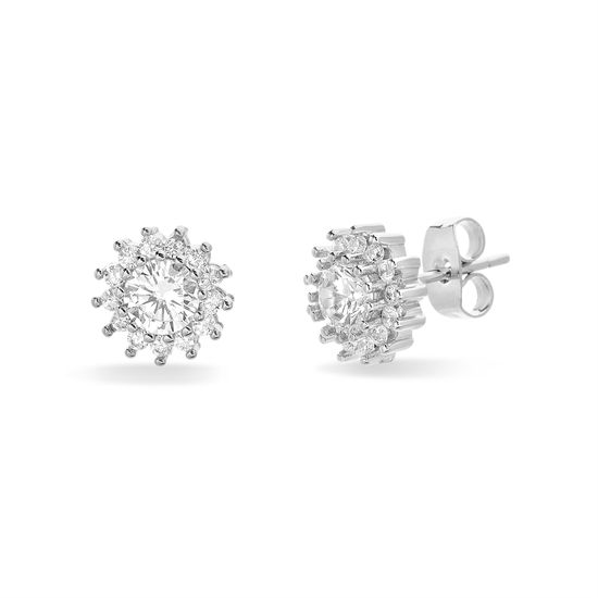 Picture of Cubic Zirconia Flower Shaped Halo Stud Earring Rhodium in Brass