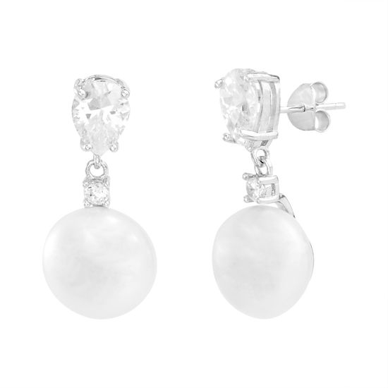 Picture of Sterling Silver Teardrop Cubic Zirconia with Dangling Freshwater Pearl Earring