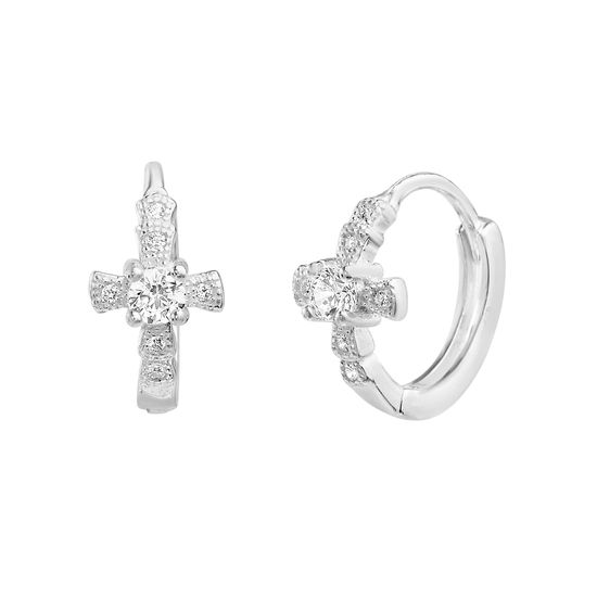 Picture of Sterling Silver 13mm Cubic Zirconia Cross Huggie Earring