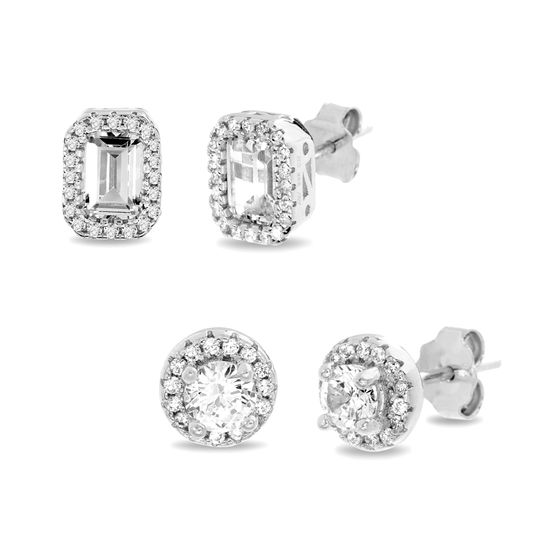 Picture of Sterling Silver Round/Baguette Cubic Zirconia 2 Piece Halo Stud Post Earring Set