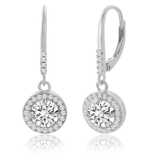 Picture of Sterling Silver Dangling Halo Cubic Zirconia Disc Lever Back Earring
