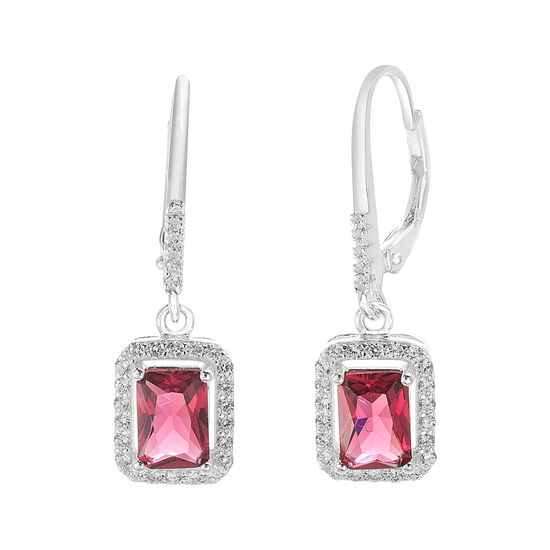 Picture of Sterling Silver Dangling Ruby Red/Clear Emerald Cut Cubic Zirconia Lever Back Earring