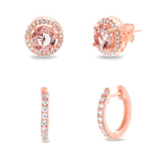 Picture of Sterling Silver Simulated Morganite/Cubic Zirconia Border Circle/ Huggie Duo Earring  Set