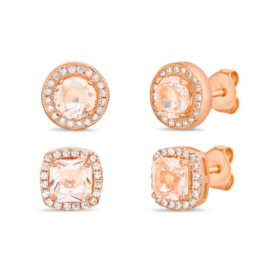 Picture of Sterling Silver Princess Cut/Round Simulated Morganite/Cubic Zirconia Duo Stud Earring Set
