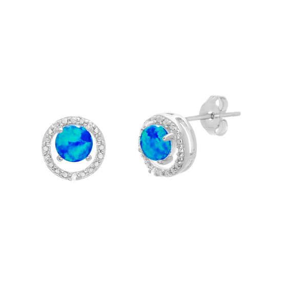 Picture of Silver-Tone Brass Round 4 Prong Cubic Zirconia Blue Opal Post Earring