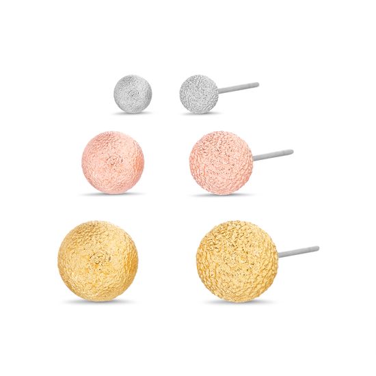 Picture of Gold Rose Gold & Rhodium Plated Brass Trio Textured Ball Post Earring Set