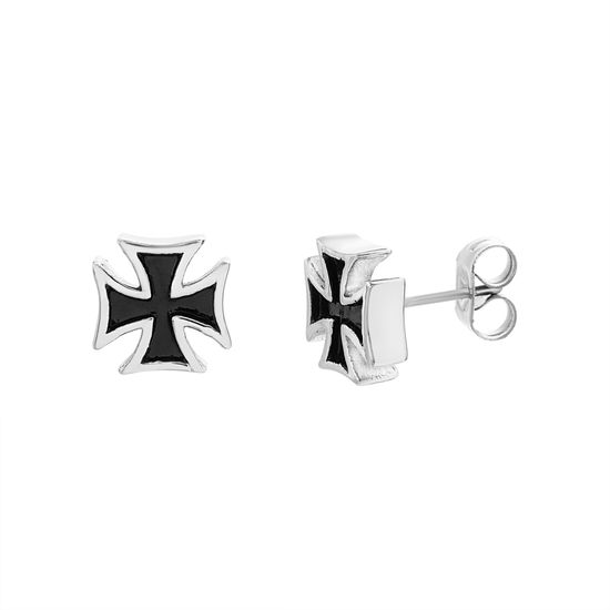 Imagen de Silver-Tone Stainless Steel Black Enameled Maltese Cross Post Earring