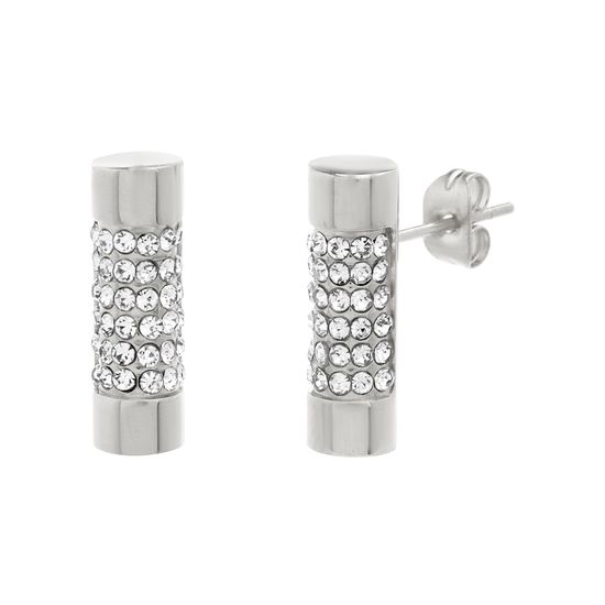 Imagen de Silver-Tone Stainless Steel Cubic Zirconia Cylinder Shaped Post Earring