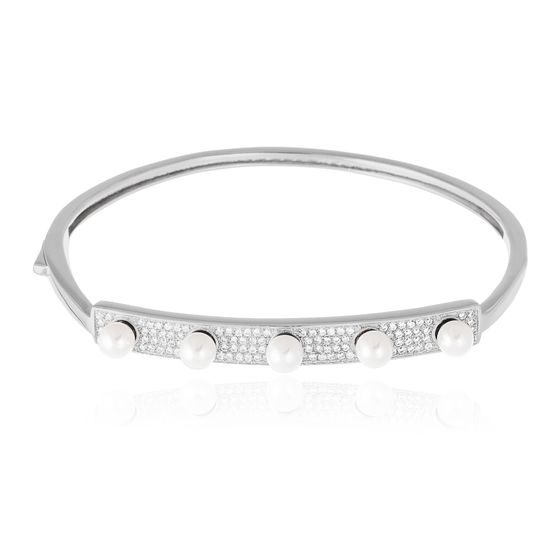 Picture of Sterling Silver Bar Station Pave and Pearl Slip On Bangle