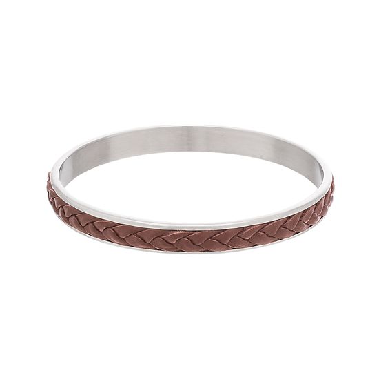 Imagen de Silver-Tone Stainless Steel Braided Brown Leather Slip Bangle