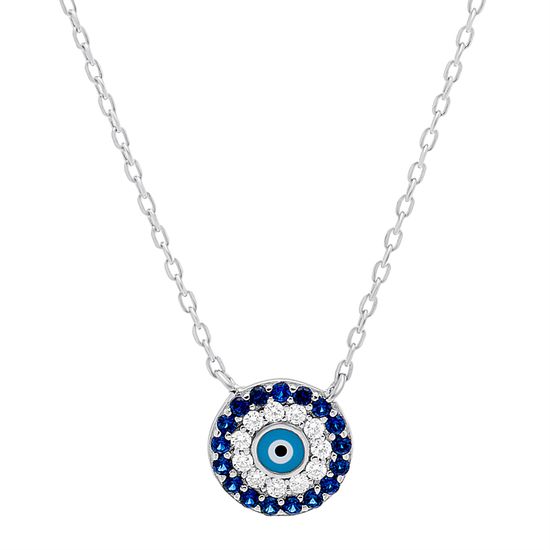 Imagen de Sterling Silver Cubic Zirconia Royal Blue and Light Blue Round Evil Eye Necklace