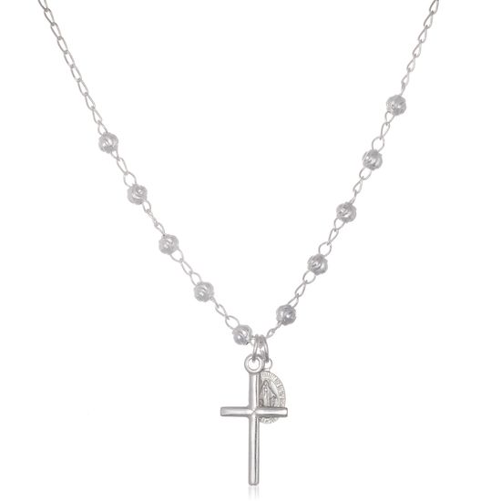 Picture of Sterling Silver Textured Ball Stations with Cross and Oval Cable Chain Necklace