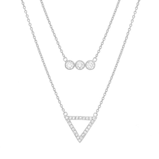 Picture of Rhodium Plated Brass Double Layered Trio Bezel Cubic Zirconia & Open Triangle Stations Cable Chain Necklace