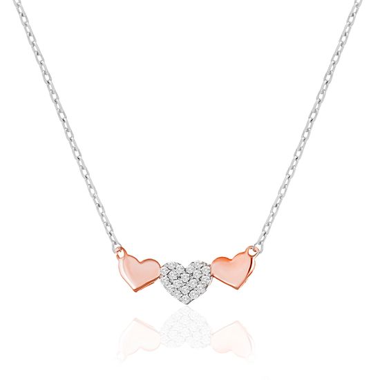 Picture of Genuine Cubic Zirconia Triple Heart Station Pendant on Cable Chain Necklace in Two Color Sterling Silver