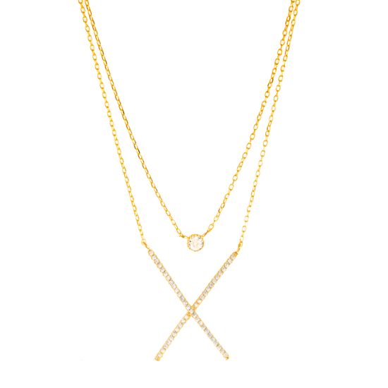 Imagen de Brass Double Layered Bezel Cubic Zirconia & X-Shaped Pendant Cable Chain Necklace