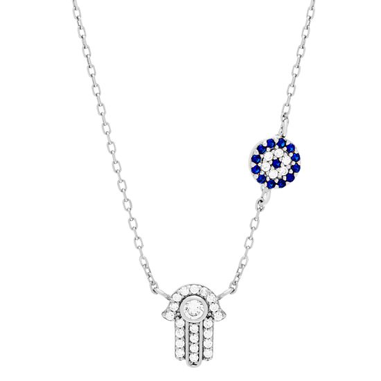 Picture of Sterling Silver Blue/Clear Cubic Zirconia Station Hamsa/ Evil Eye Pendants Cable Chain Necklace