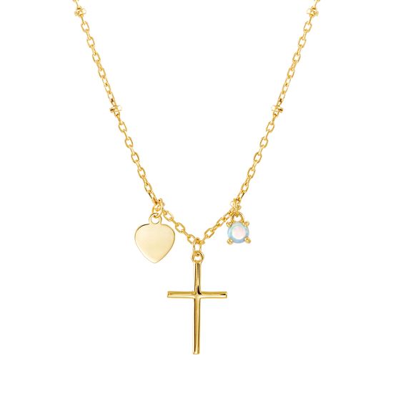 Imagen de Sterling Silver Cross / Heart/ Blue Opal Charms Bead Stationed Necklace