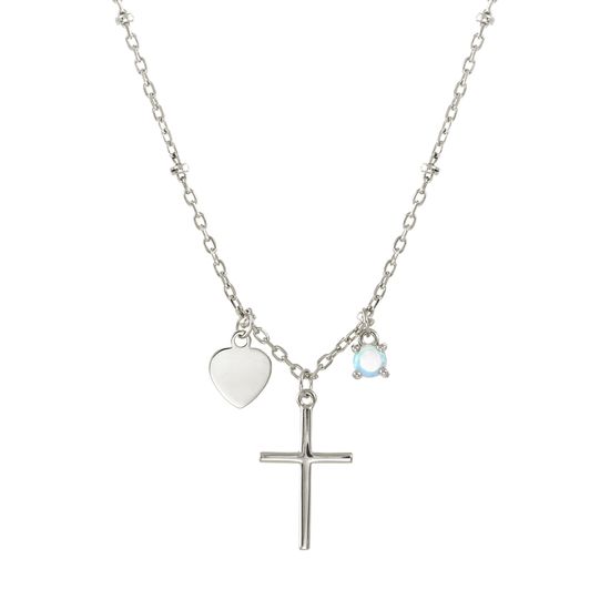 Imagen de Sterling Silver Cubic Zirconia Cross/Heart/Light Blue Round 4 Prong Cable Chain Necklace